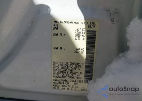 2016 Nissan Altima 2.5/2.5 S/2.5 Sl/2.5 Sr/2.5 Sv z USA, uszkodzony, nr VIN 1N4AL3AP3GC244863